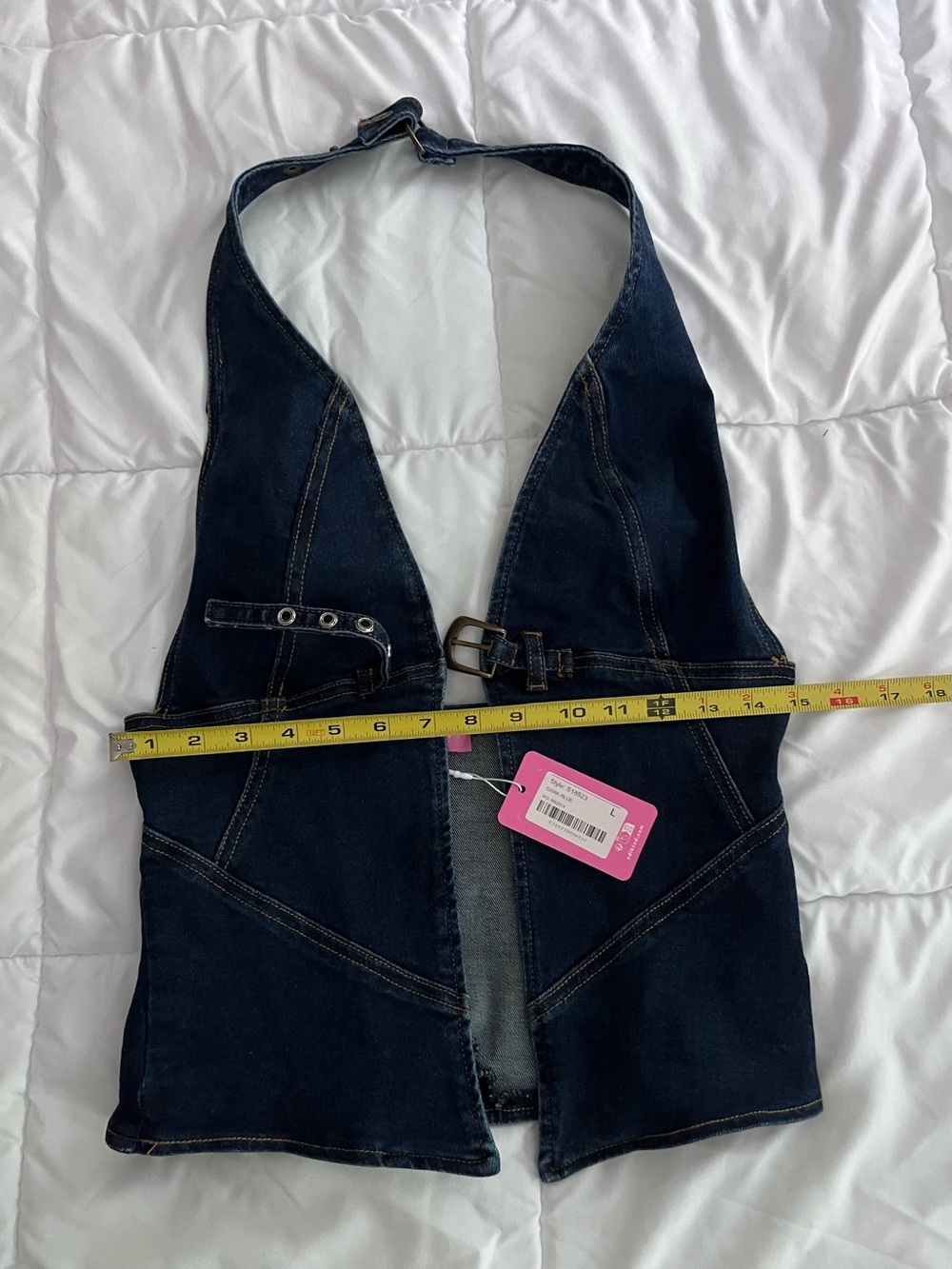 Edikted Dark Blue Denim Halter Vest with Buckle Detail